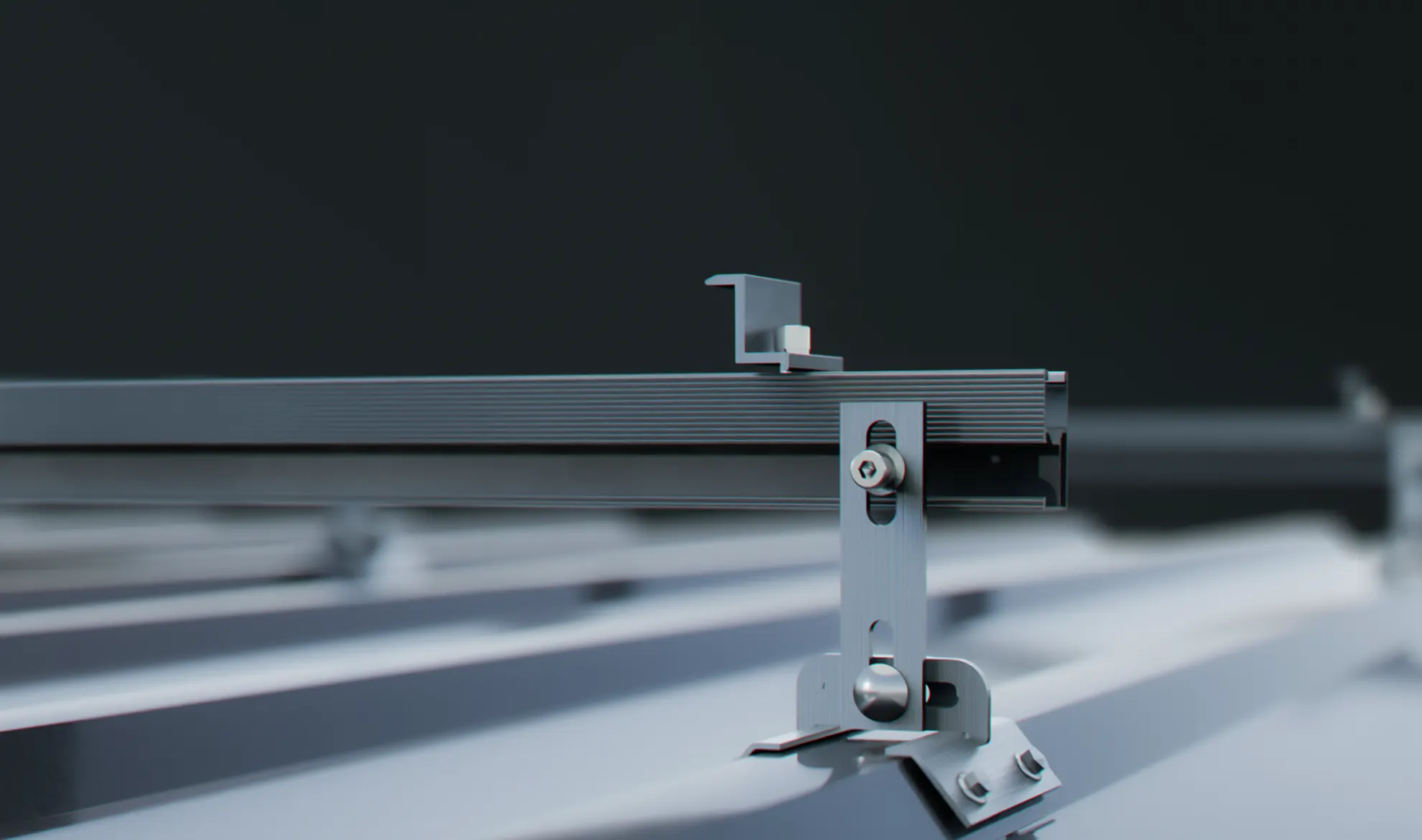 Close-up of adjustable trapezoidal bracket with side-drilling screws.