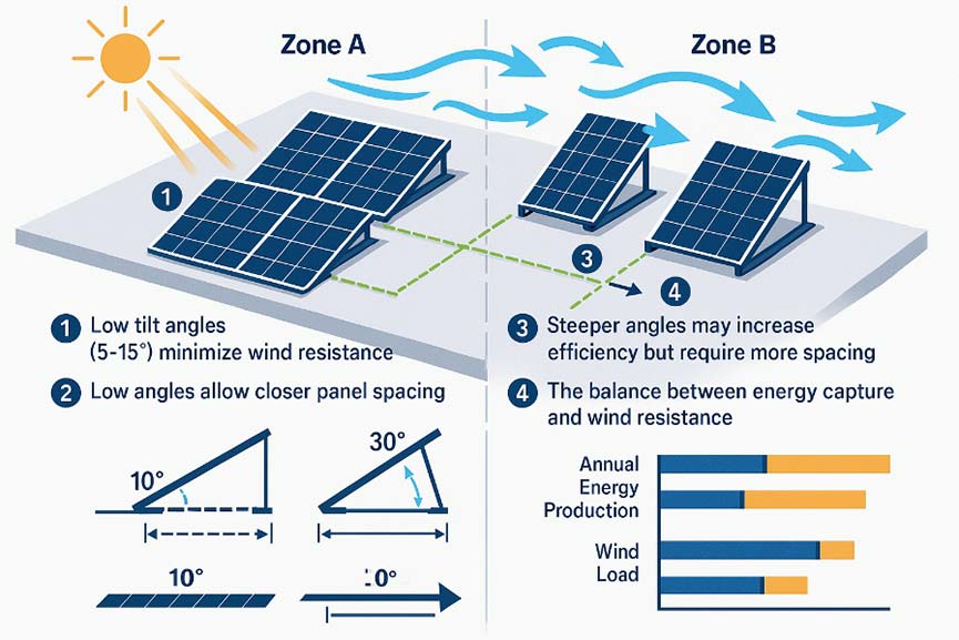 Detailed view of solar panel mounting on flat roofs, illustrating the trade-off between low tilt angles for wind resistance and closer spacing (Zone A) versus steeper angles for potentially higher efficiency but requiring more spacing (Zone B).