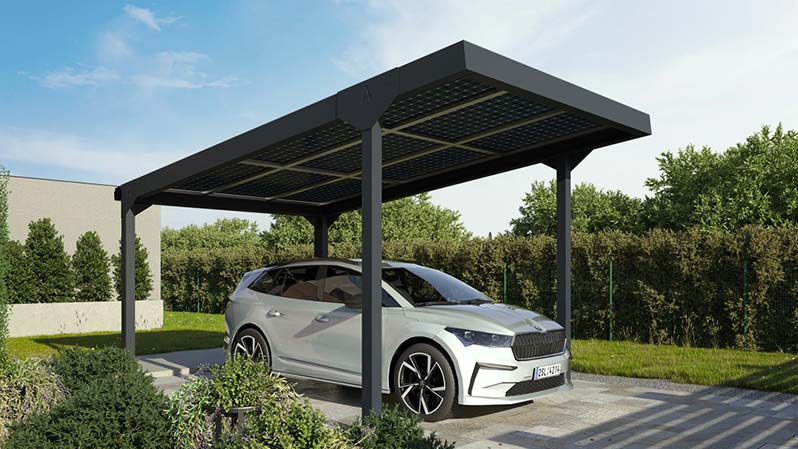 A modern black steel solar carport sheltering a silver car in a residential driveway.