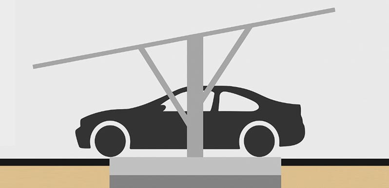 Diagram of a double-row T-frame carport with central support columns.