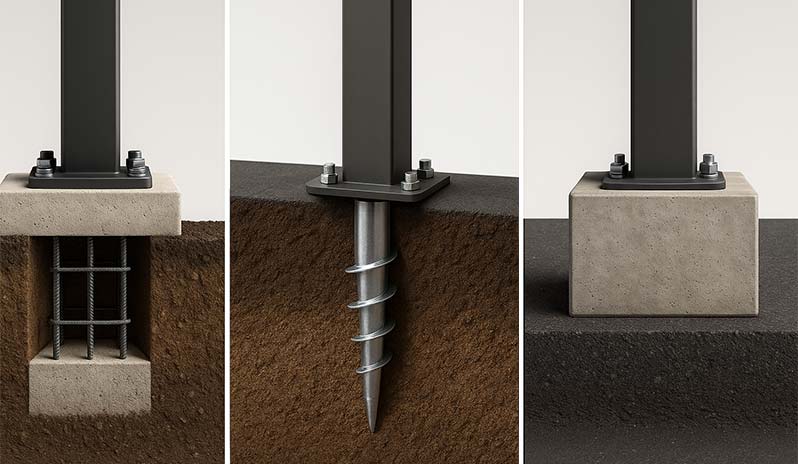 Three carport foundation types: concrete, ground screw, and ballast.