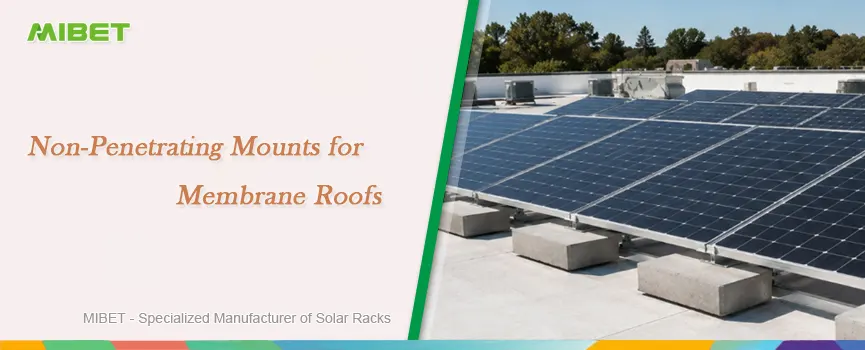 Concrete ballasted solar mounts securing panels on a flat membrane roof without penetrations.