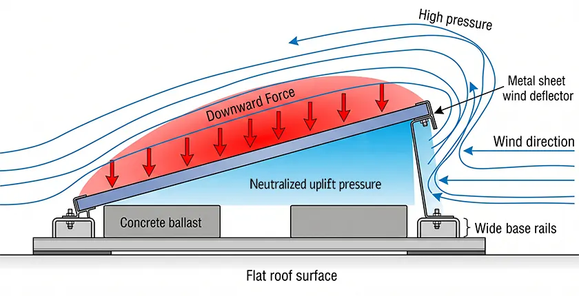 Wind deflector converting lateral airflow into downward force on a flat roof solar ballast system.