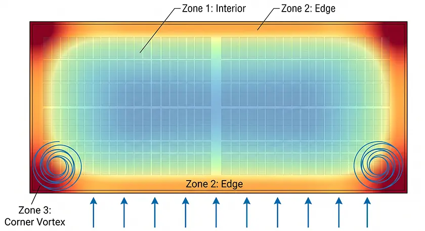 Flat roof wind uplift heat map detailing interior, edge, and corner vortex aerodynamic zones.