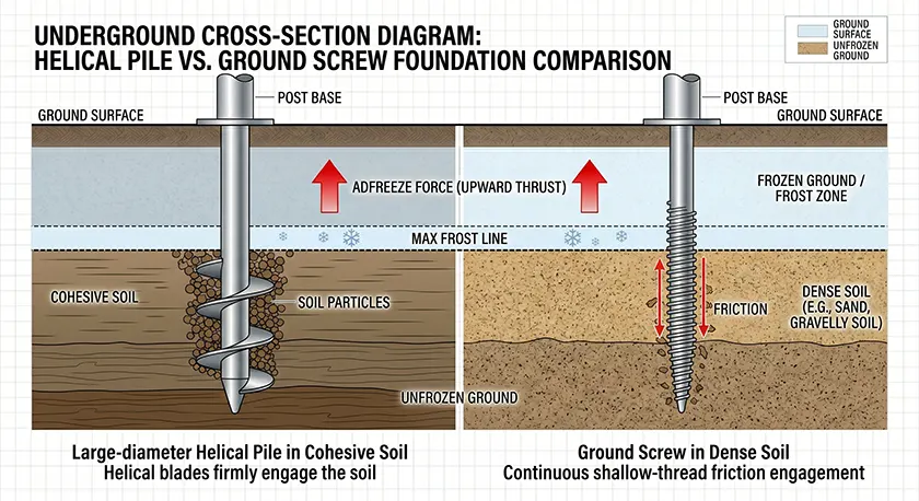 Cross-section of a helical pile (blade bearing in cohesive soil) versus a ground screw (shallow-thread friction in dense soil), both reaching below the frost line to resist adfreeze uplift