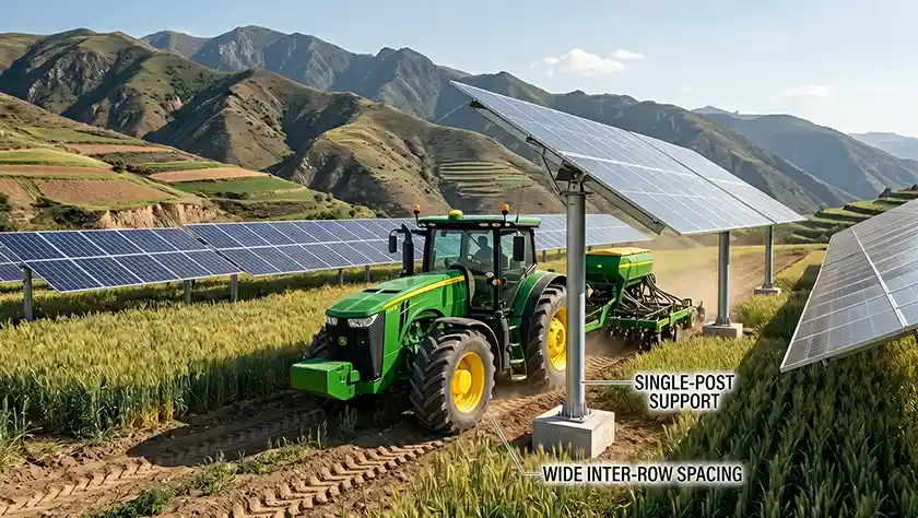 Single-post agrivoltaics installation on complex mountainous terrain showing wide inter-row spacing for heavy tractor operation