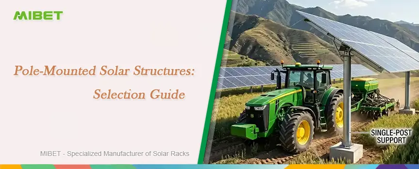 High-clearance pole-mounted solar array allowing tractor operation in an agrivoltaic field.