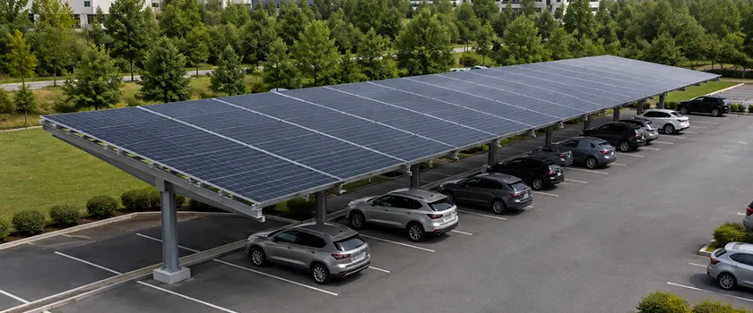 Single-post cantilever solar carport over a commercial parking lot, column line along the row centre with beams cantilevered over the parking bays.