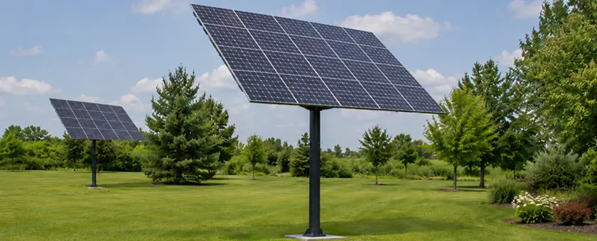 Top-of-pole solar mount systems installed on a green field.
