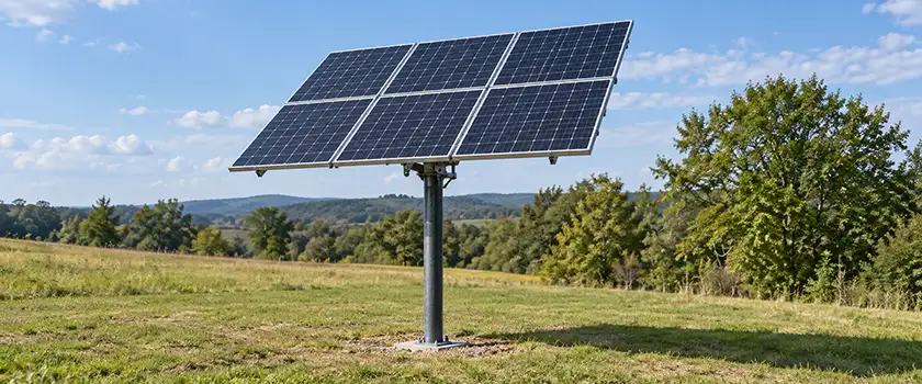Solar pole mounting system installed in an open field with a 6-panel solar array.
