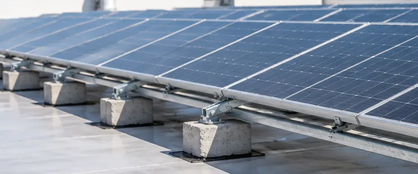 Rows of tilted solar panels on adjustable angle brackets across a flat commercial roof, with open space between the rows.