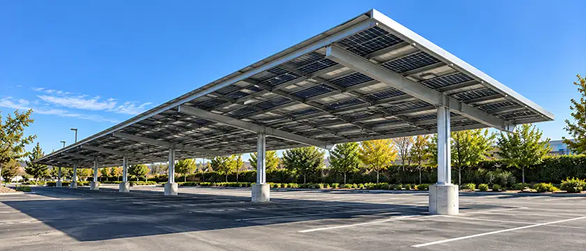 Steel solar carport frame over a row of parking spaces, with columns and main beams carrying the PV modules.