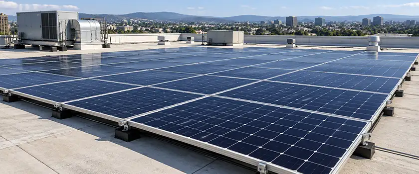 Commercial flat roof solar panel array installed beside rooftop HVAC units with an urban skyline in the background.