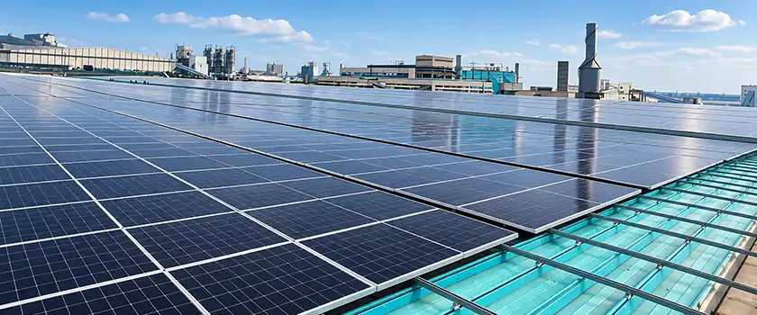 Solar array flush-mounted on a Klip-Lok concealed-fix steel roof, with rails on non-penetrating rib clips across the uncovered section.