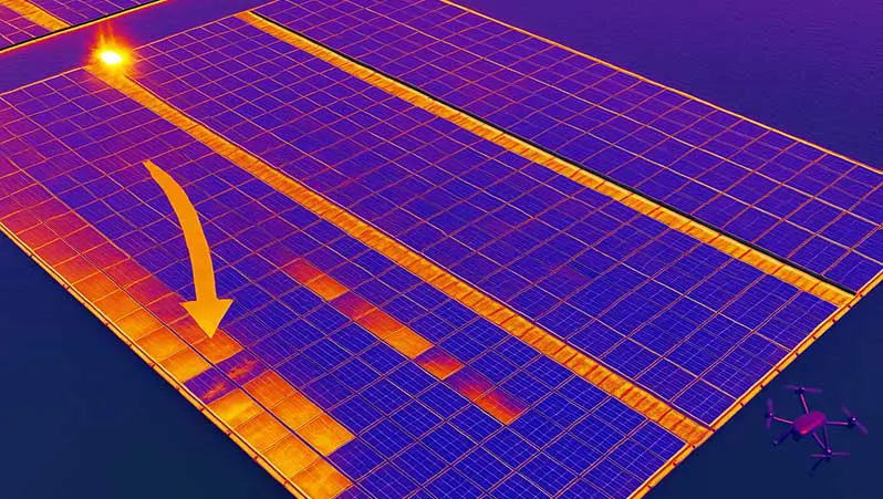 A thermal imaging drone inspecting a floating solar farm for electrical hotspots.
