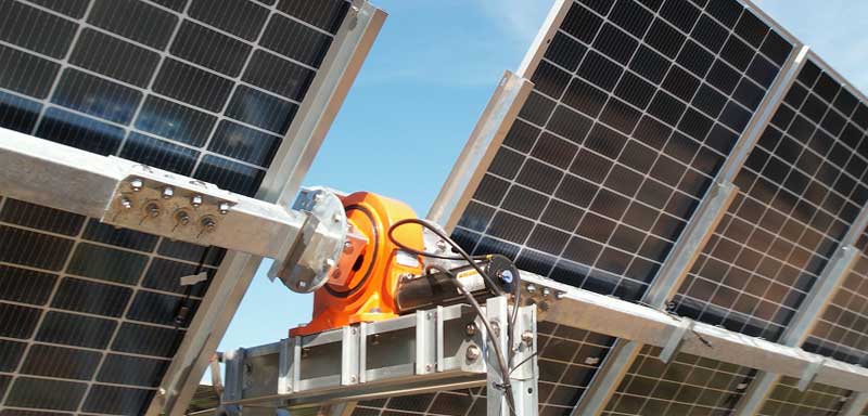 Close-up of single-axis solar tracker motor and mechanism