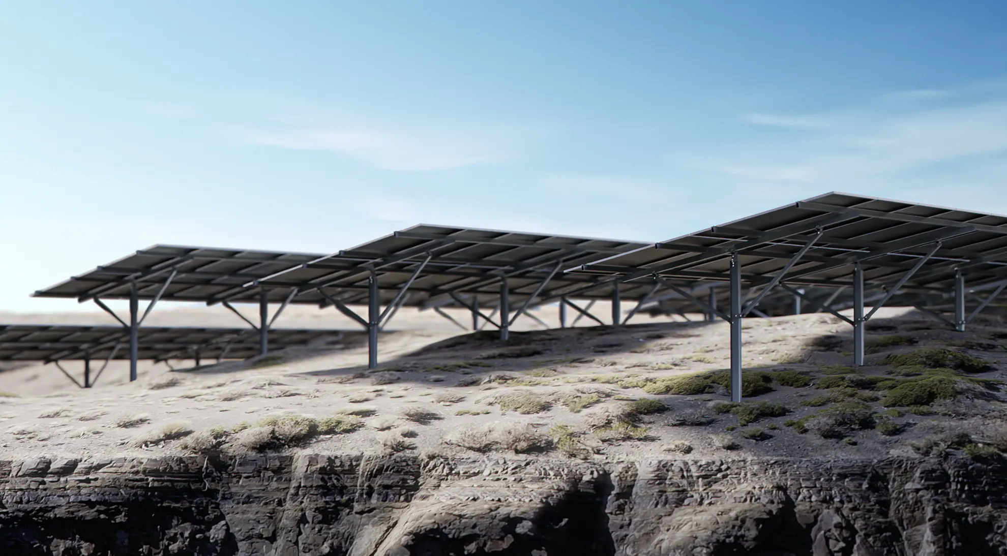 Terrain-adaptive fixed-tilt ground mount solar racking installed on steep, irregular slopes.
