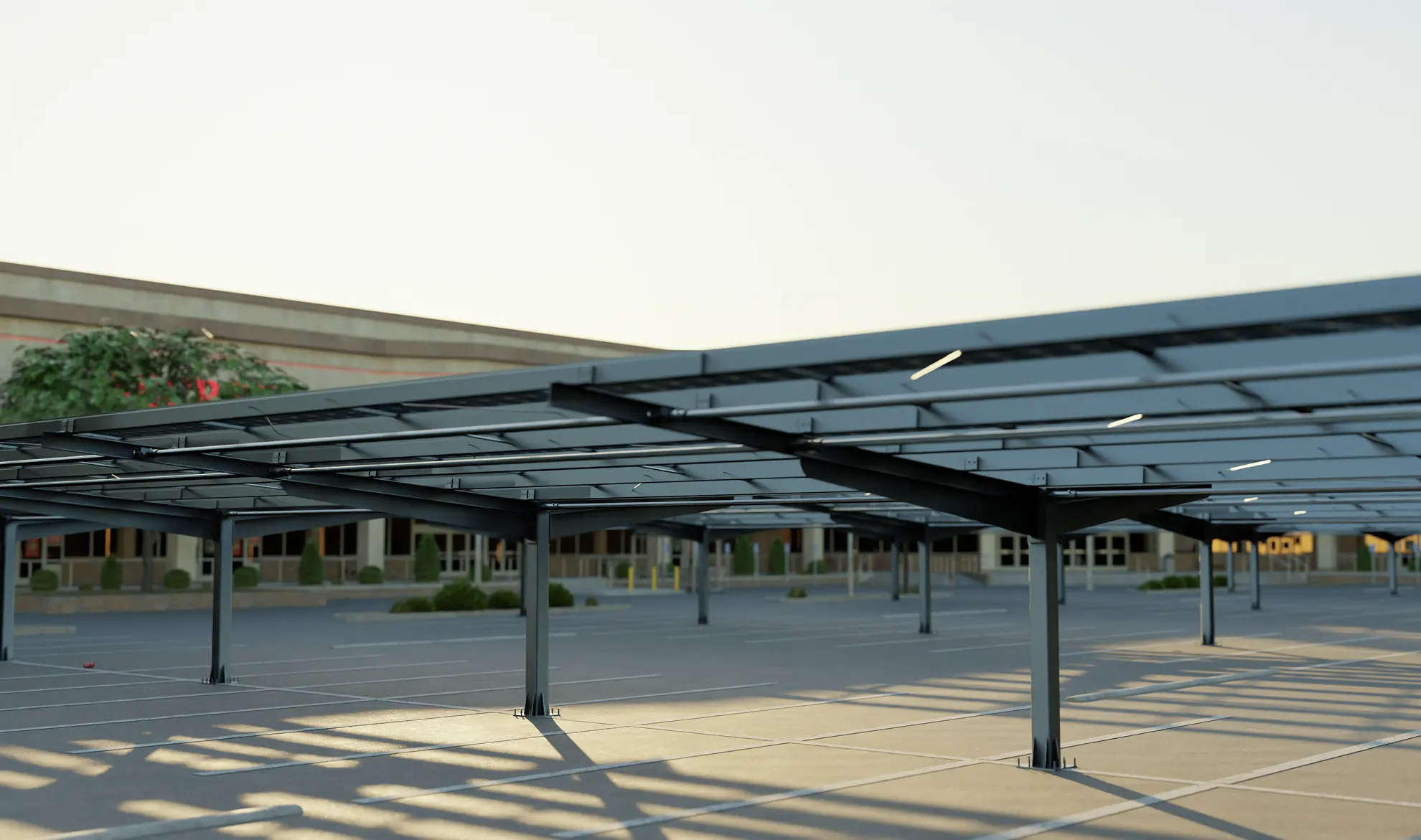 Commercial solar carport system with galvanized steel canopy and integrated gutters.