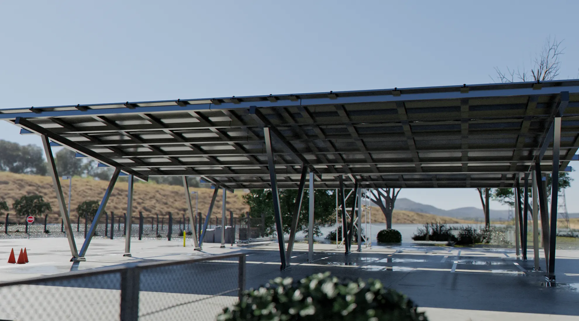 Commercial steel solar carport canopy installed in an open-surface parking lot.
