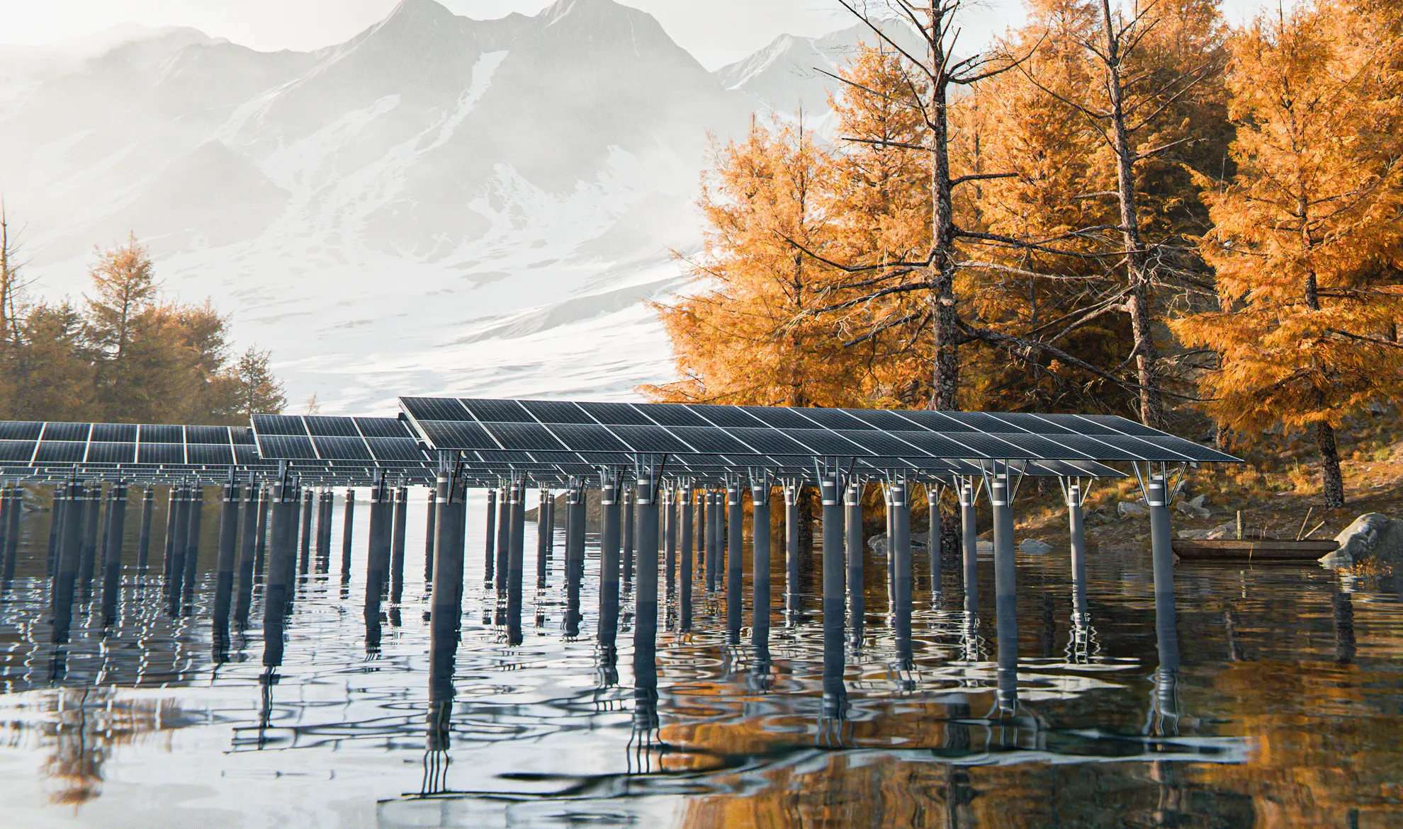 Fishery PV system on PHC piles with corrosion-resistant racking for aquaculture boat lanes.