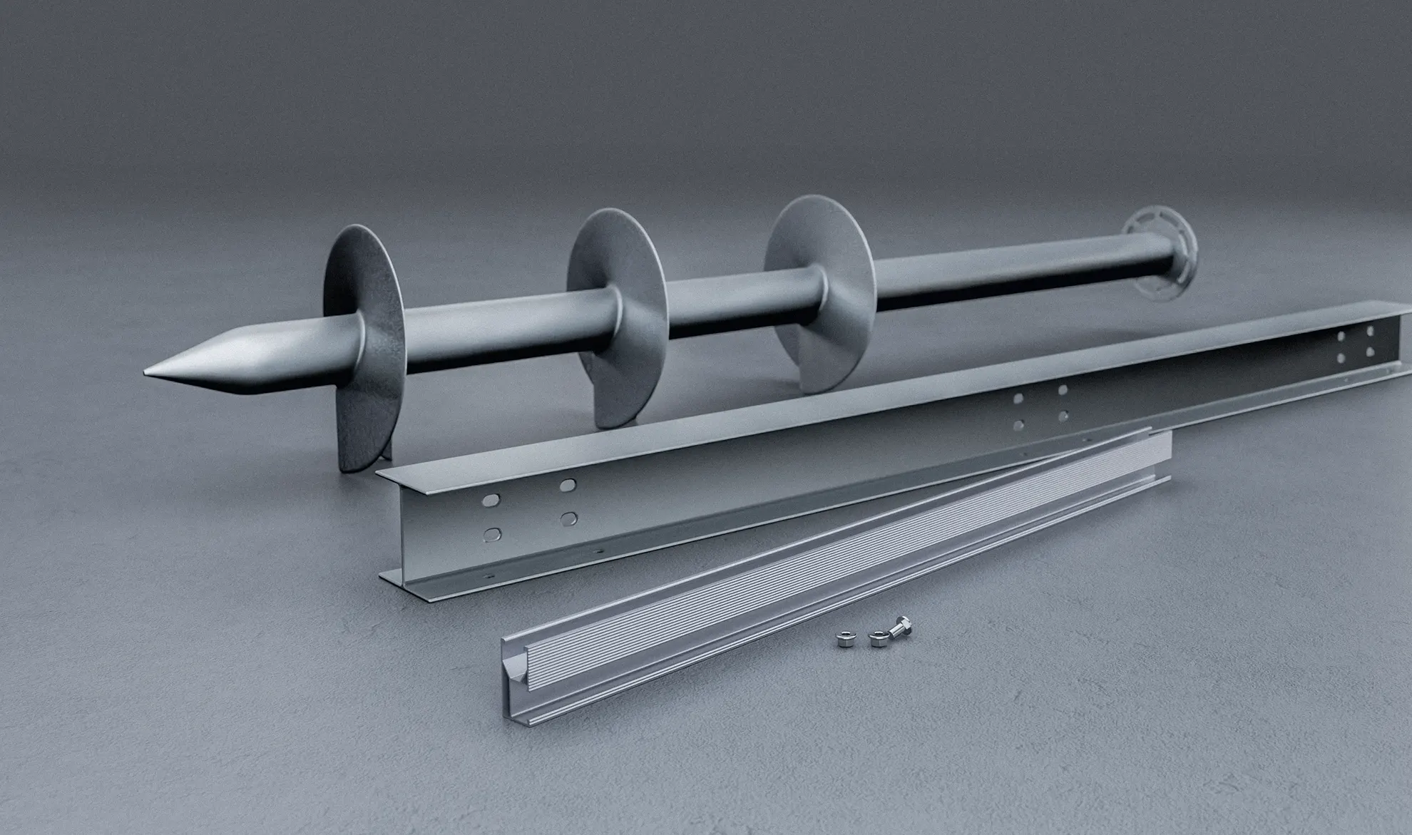Solar mounting components: HDG steel ground screw, H-section beam, and AL6005-T5 aluminum rail.