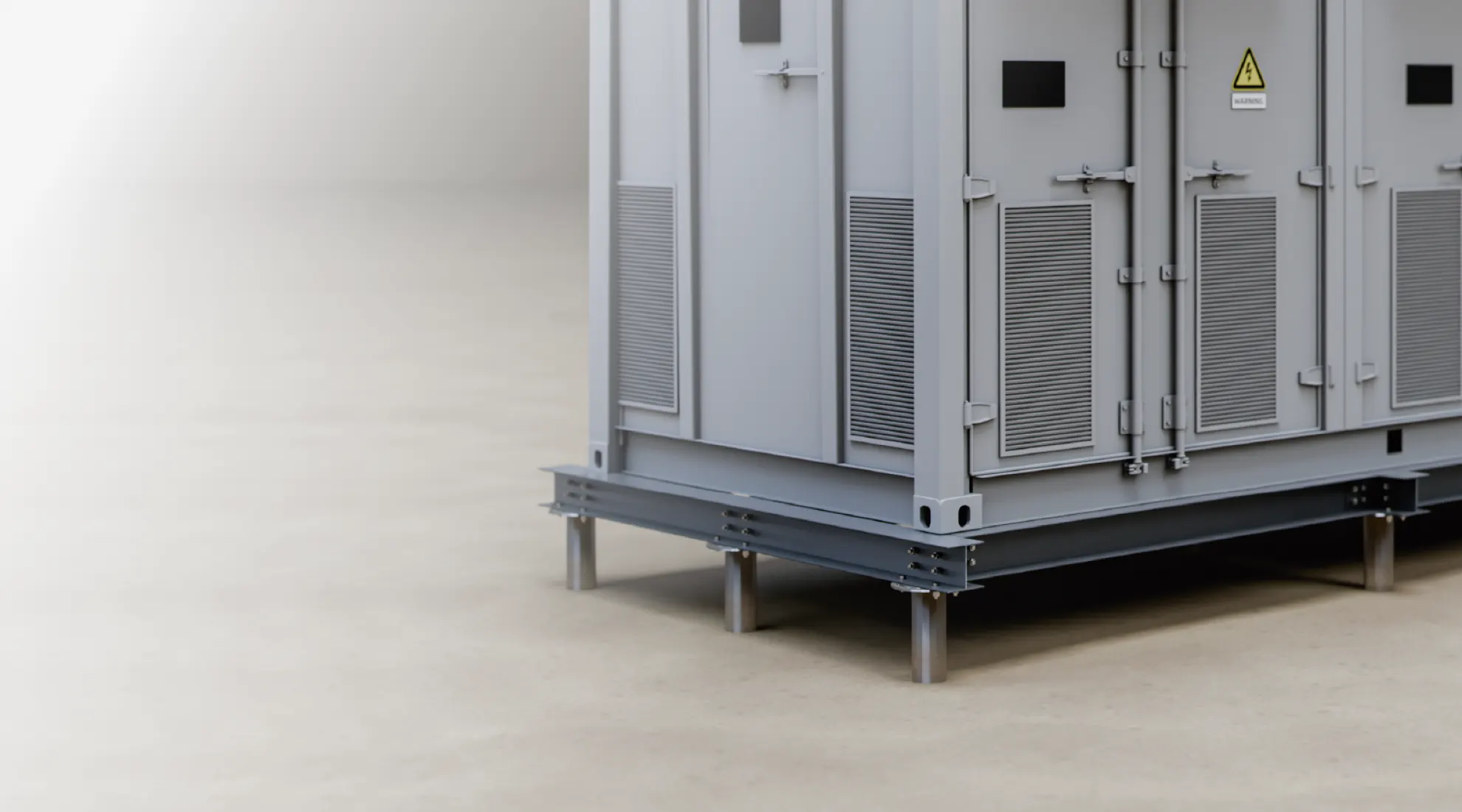 Steel H-beam mounting components forming a raised foundation frame for utility enclosures.