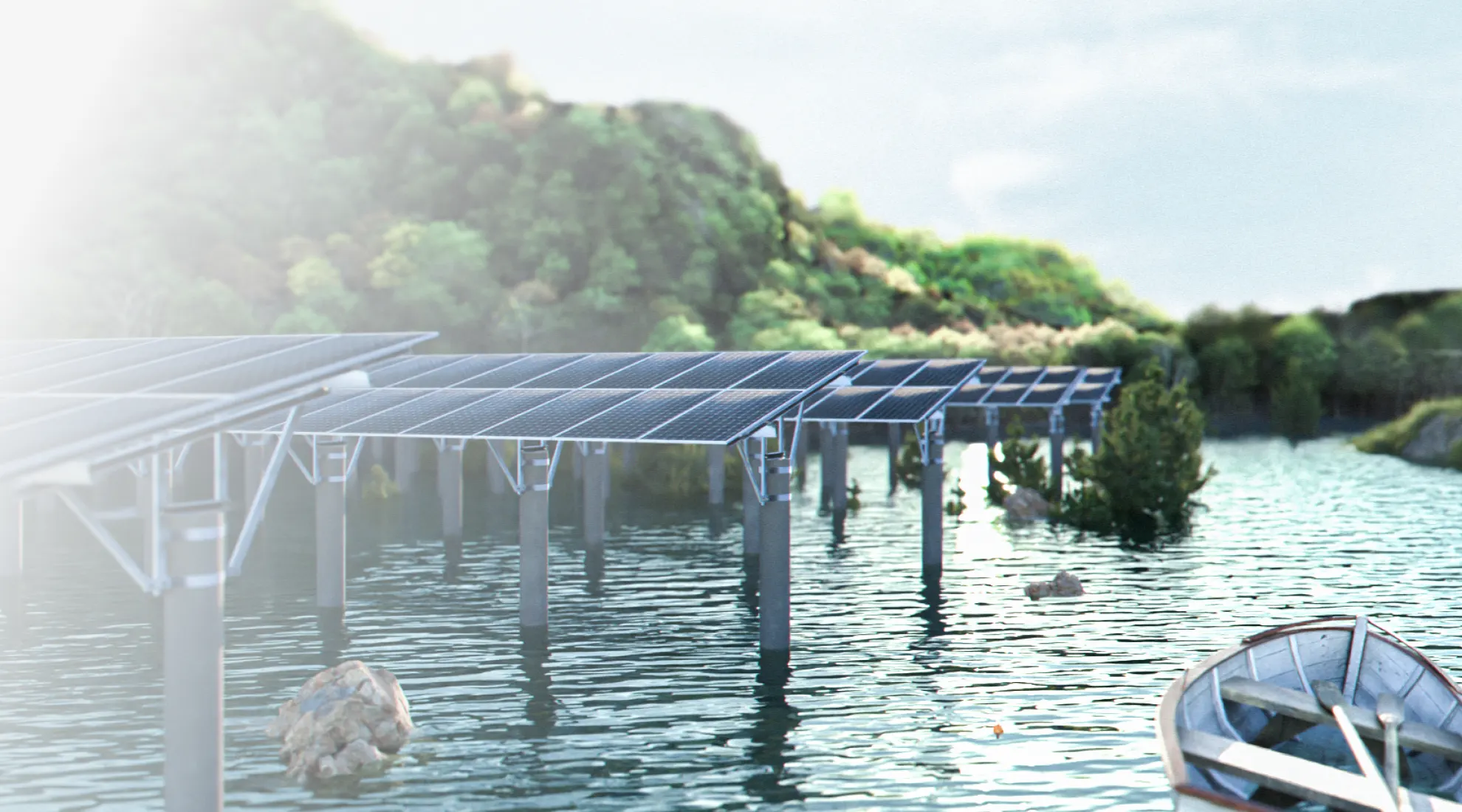 Fishery solar mounts installed on concrete piles over water for aquavoltaic applications.