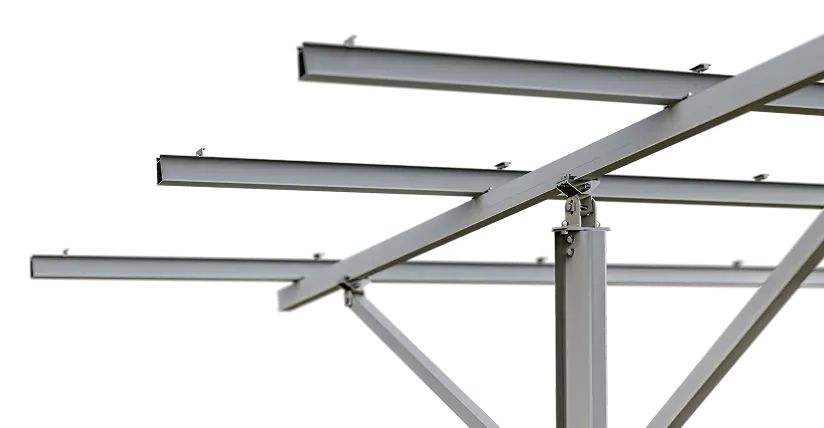Single-post solar ground mount structure using carbon steel and aluminum alloy.