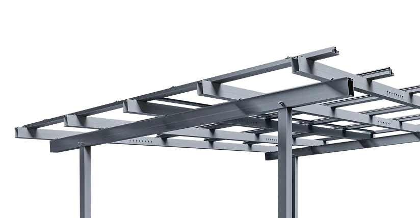 Waterproof solar carport structure with integrated drainage channels.
