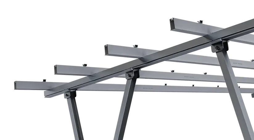 Dual-post solar carport steel frame with angled column supports for wide-span parking.