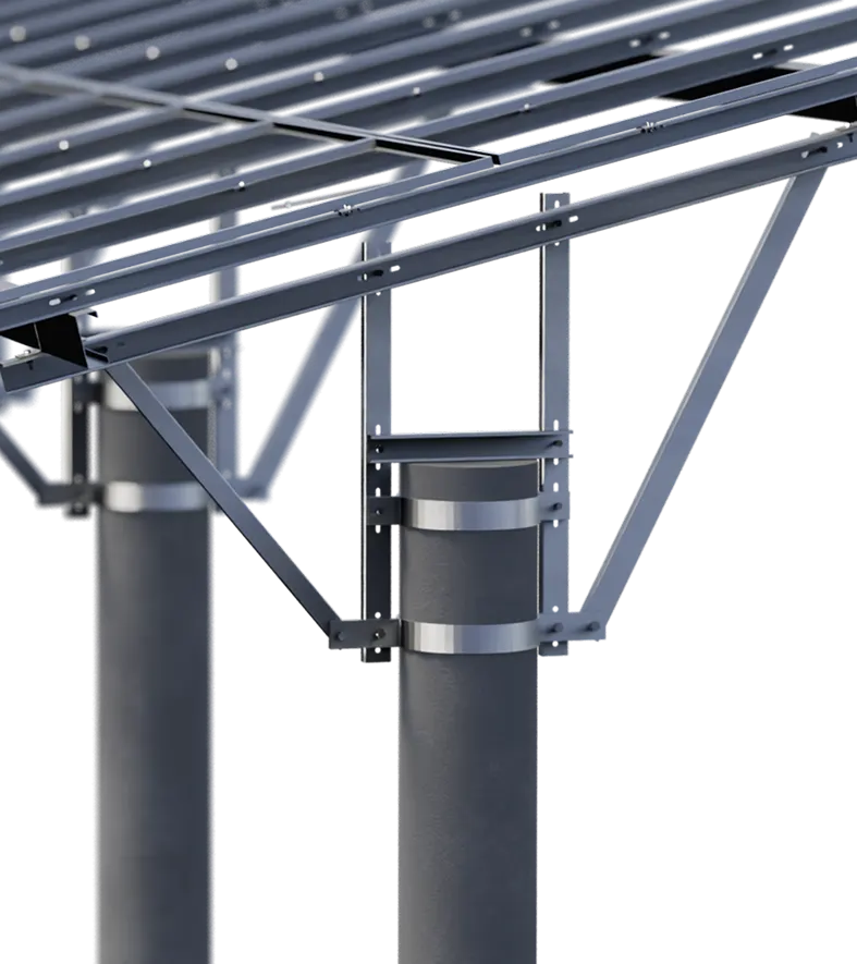 Steel collar clamp and bracket on PHC pile for fishery PV solar racking systems.