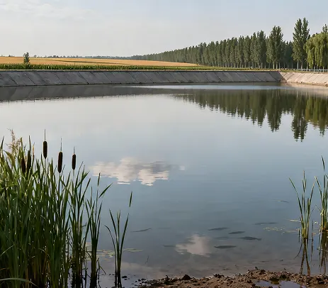 Aquaculture fish pond site suitable for elevated fishery PV racking installation.