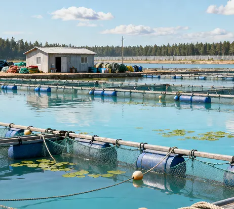 Fishery farm with floating net cages suitable for integrating elevated fishery PV systems.