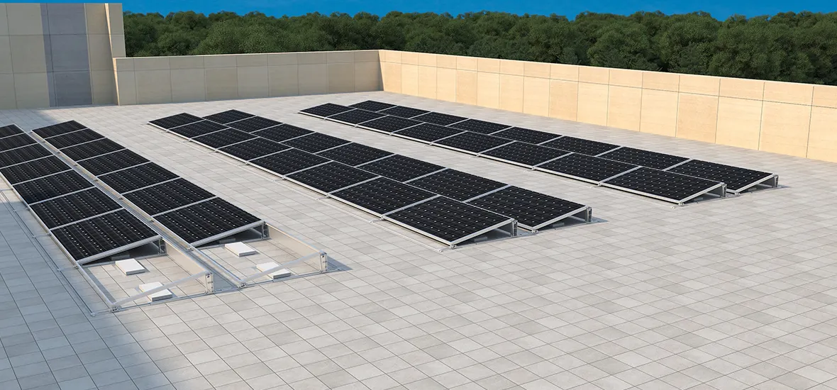 Application example of flat roof ballasted solar racking system
